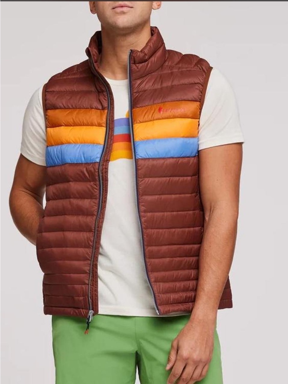 cotopaxi Brown Quilted Puffer Vest with Orange and Blue Stripes